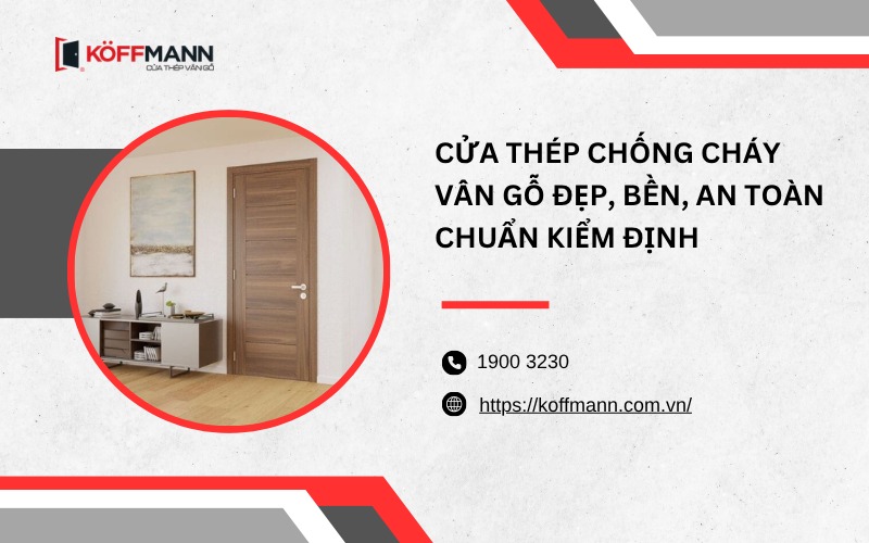 Cửa thép chống cháy vân gỗ đẹp, bền, an toàn chuẩn kiểm định