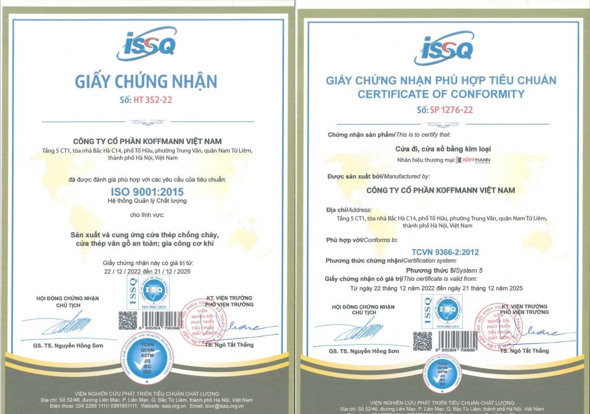 Giấy chứng nhận ISO 9001 - 2015 cho quy trình sản xuất và cung cấp cửa thép Deluxe, cửa thép vân gỗ