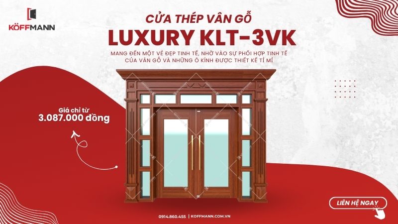 Cửa thép vân gỗ Luxury KLT-3VK chia ô kính đẹp mê ly